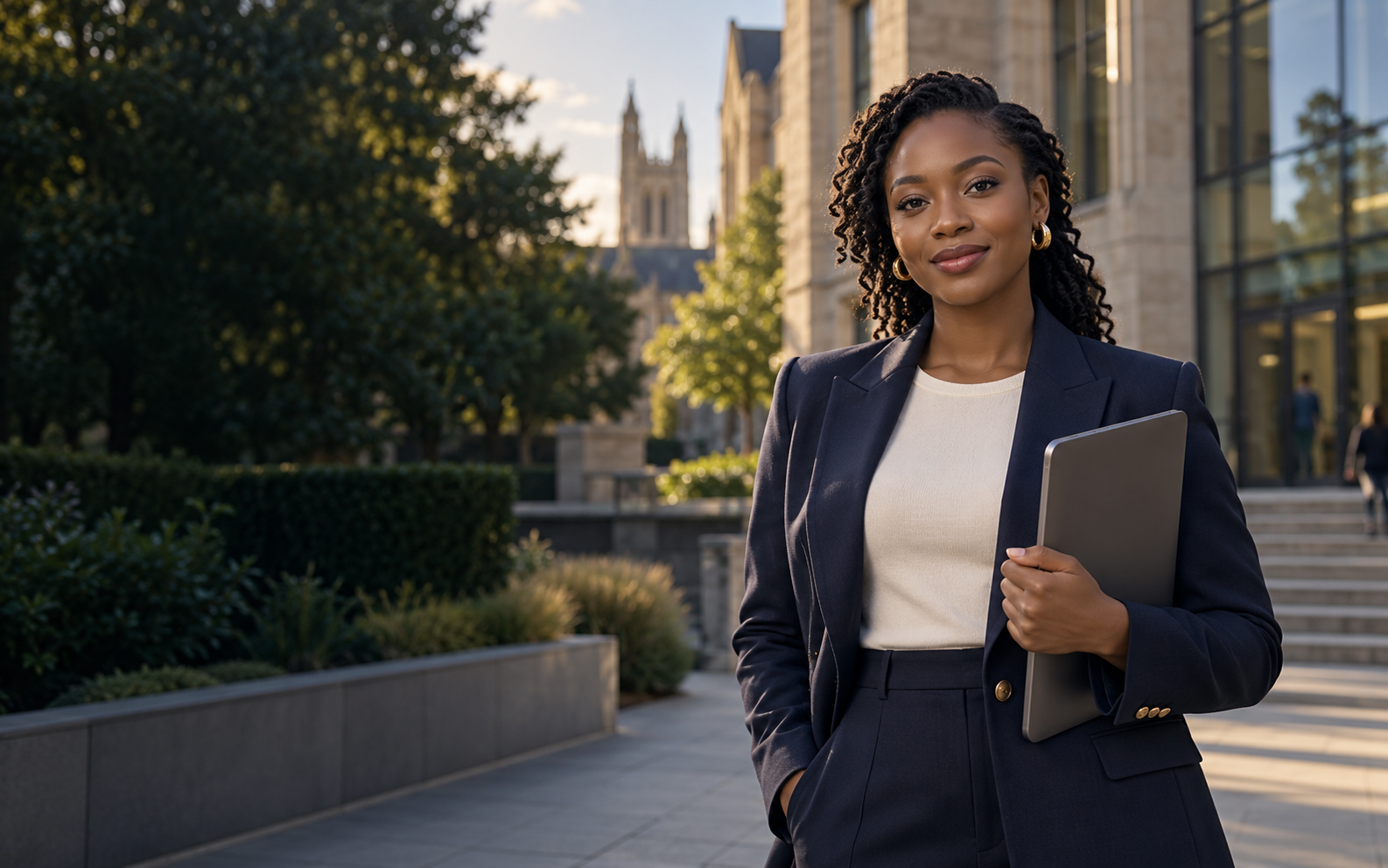 Confident African postgraduate applicant at a UK university campus